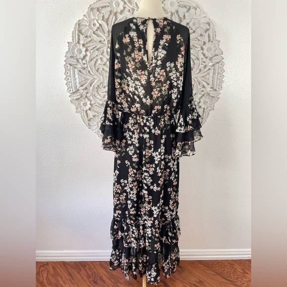 {MISA} Kateri Asymmetrical Black Floral Ruffle Tier Chiffon Maxi Dress, Size L - Picture 8 of 11
